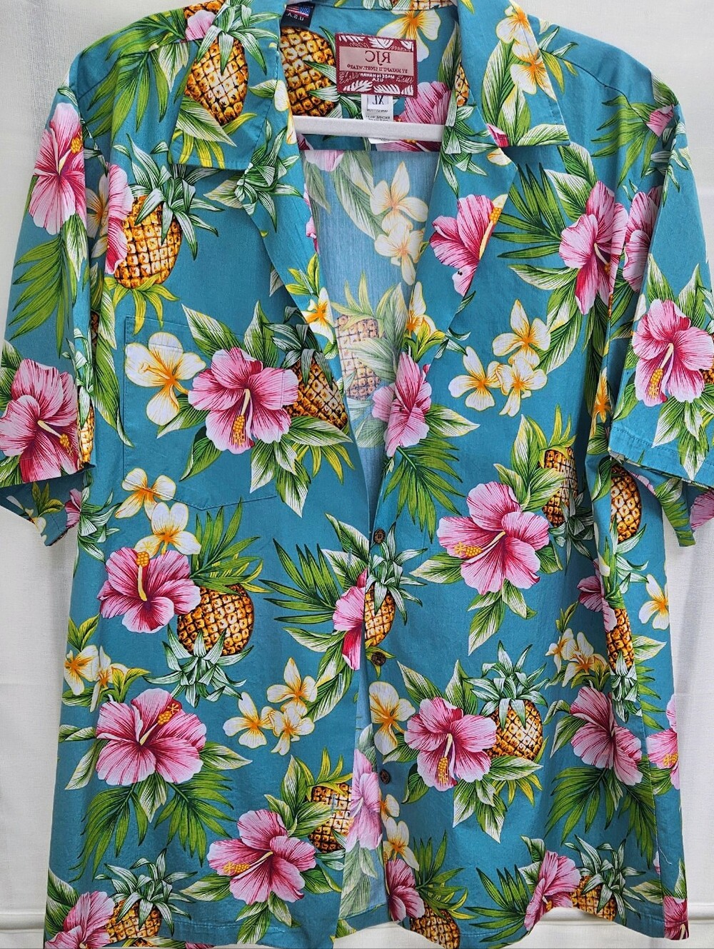 ​NWOT RJC Men's XL Blue Hawaiian Tropical Floral Pineapple Cotton Shirt